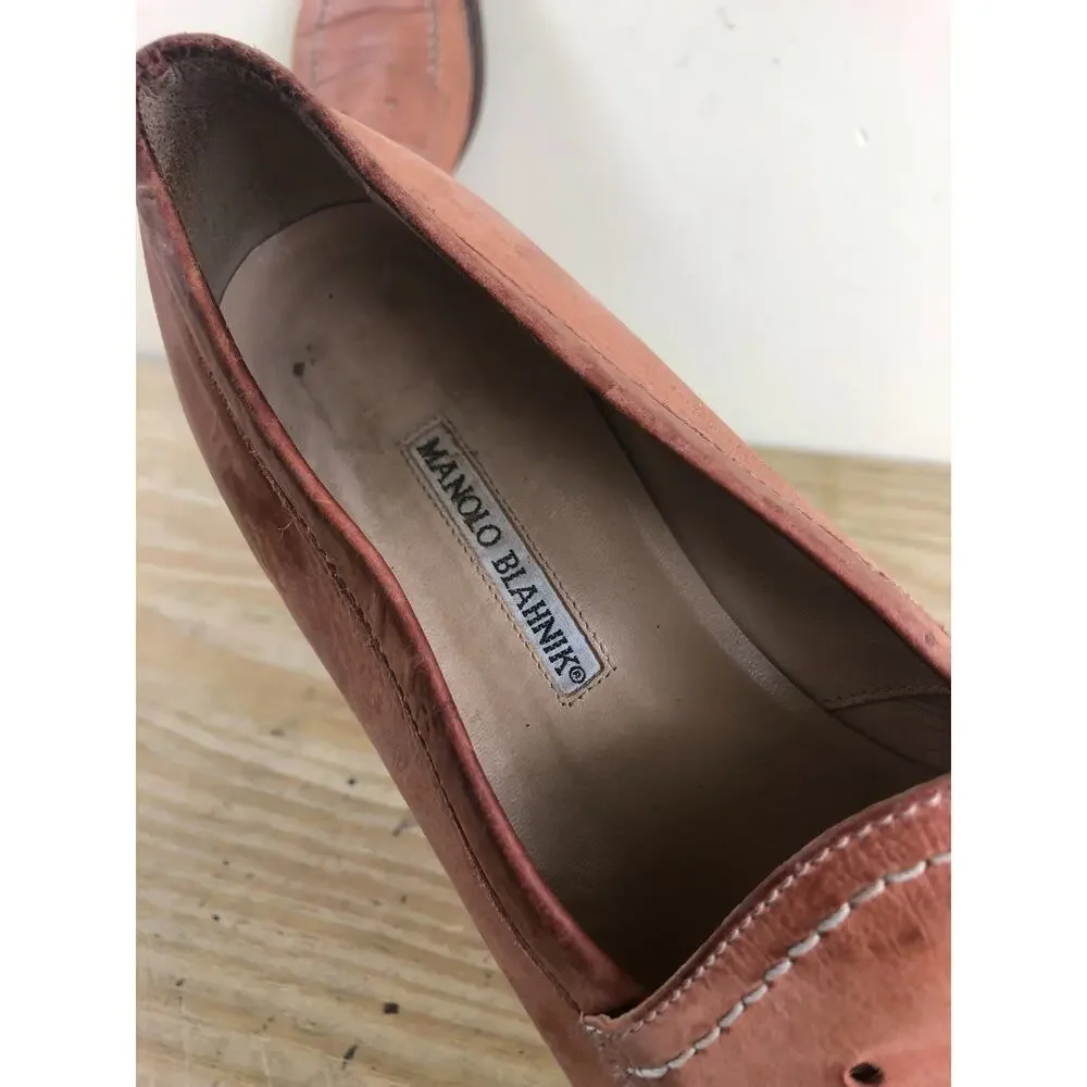 Manolo Blahnik Shoes Womens 40 Brown Leather Loafers Flats Slip Ons Italy